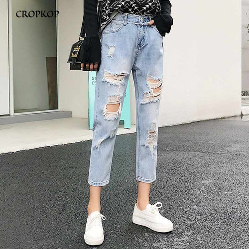 Vintage Ladies Boyfriend Jeans For Women Mom High Waisted Jeans Light Blue Casual Hole Loose Korean Streetwear Denim Harem Pants