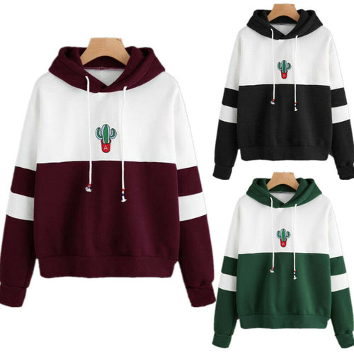 Goocheer 2019 New Women Hoodies Sweatshirt Cactus Print Ladies Contrast Color Pullover Long Sleeve Casual Jumper Tops Hooded