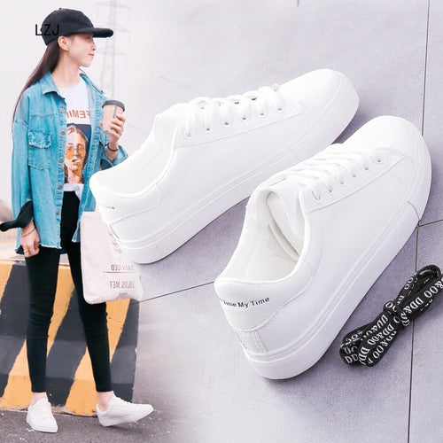 LZJ Women Sneakers 2019 Fashion Breathble Vulcanized Shoes Women Pu leather Platform Shoes Women Lace up Casual Shoes White